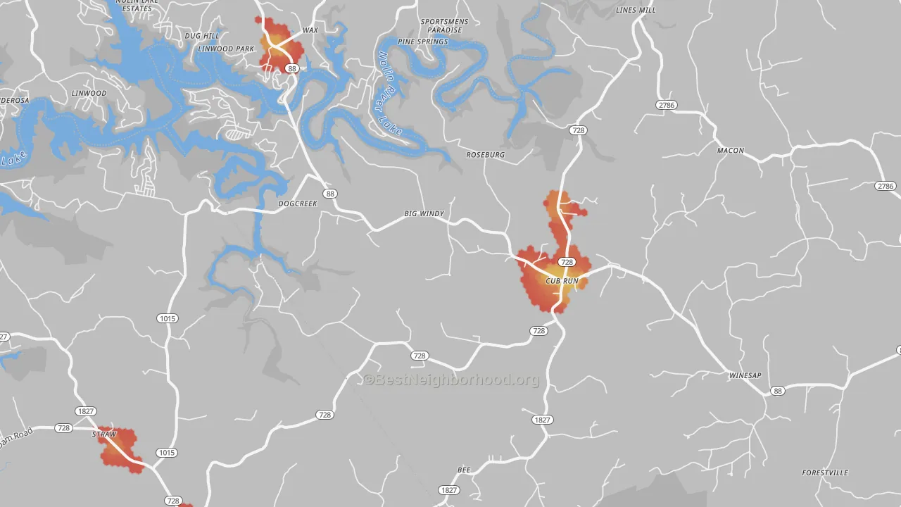 Walk Grade map of Cub Run, KY, walkable areas in green and car-dependent areas in red