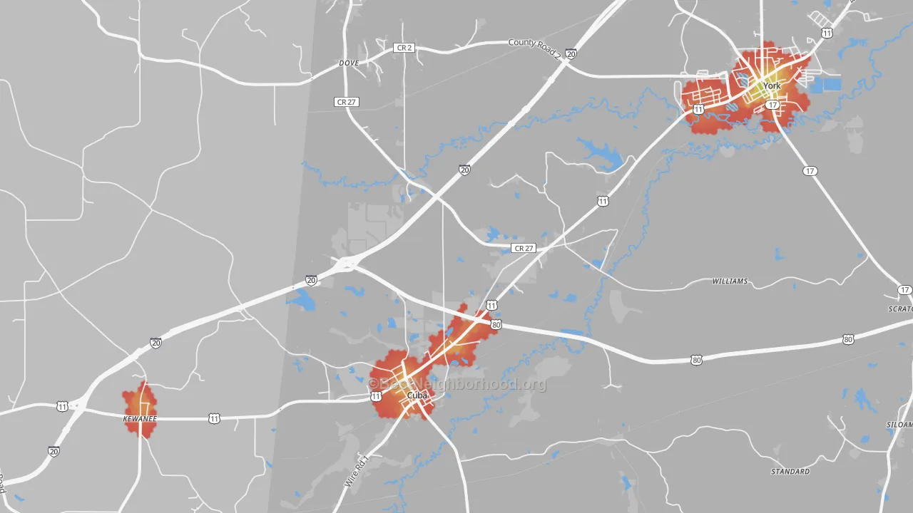 Walk Grade map of Cuba, AL, walkable areas in green and car-dependent areas in red