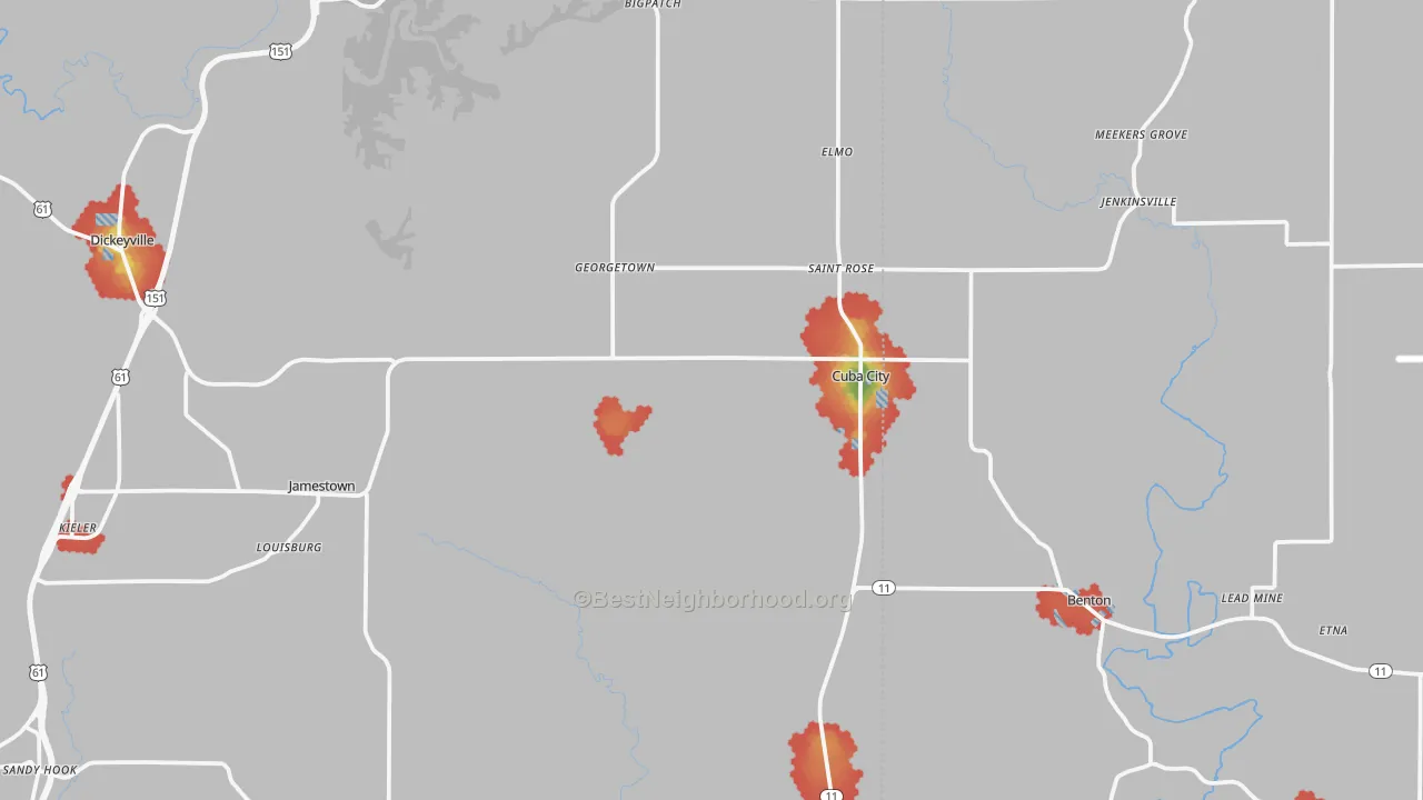 Walk Grade map of Cuba City, WI, walkable areas in green and car-dependent areas in red