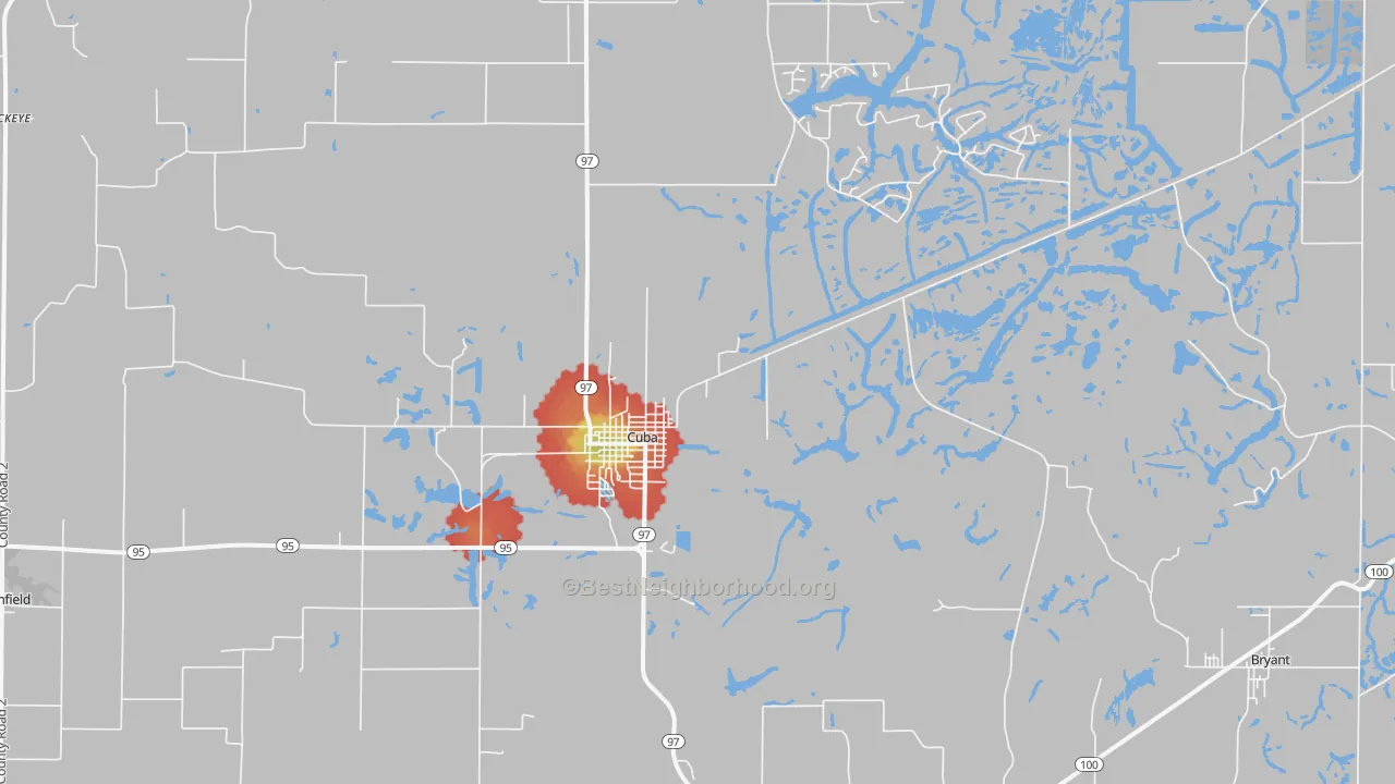 Walk Grade map of Cuba, IL, walkable areas in green and car-dependent areas in red
