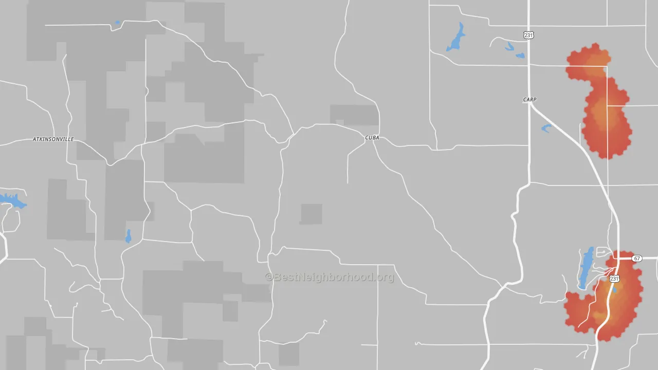 Walk Grade map of Cuba, IN, walkable areas in green and car-dependent areas in red