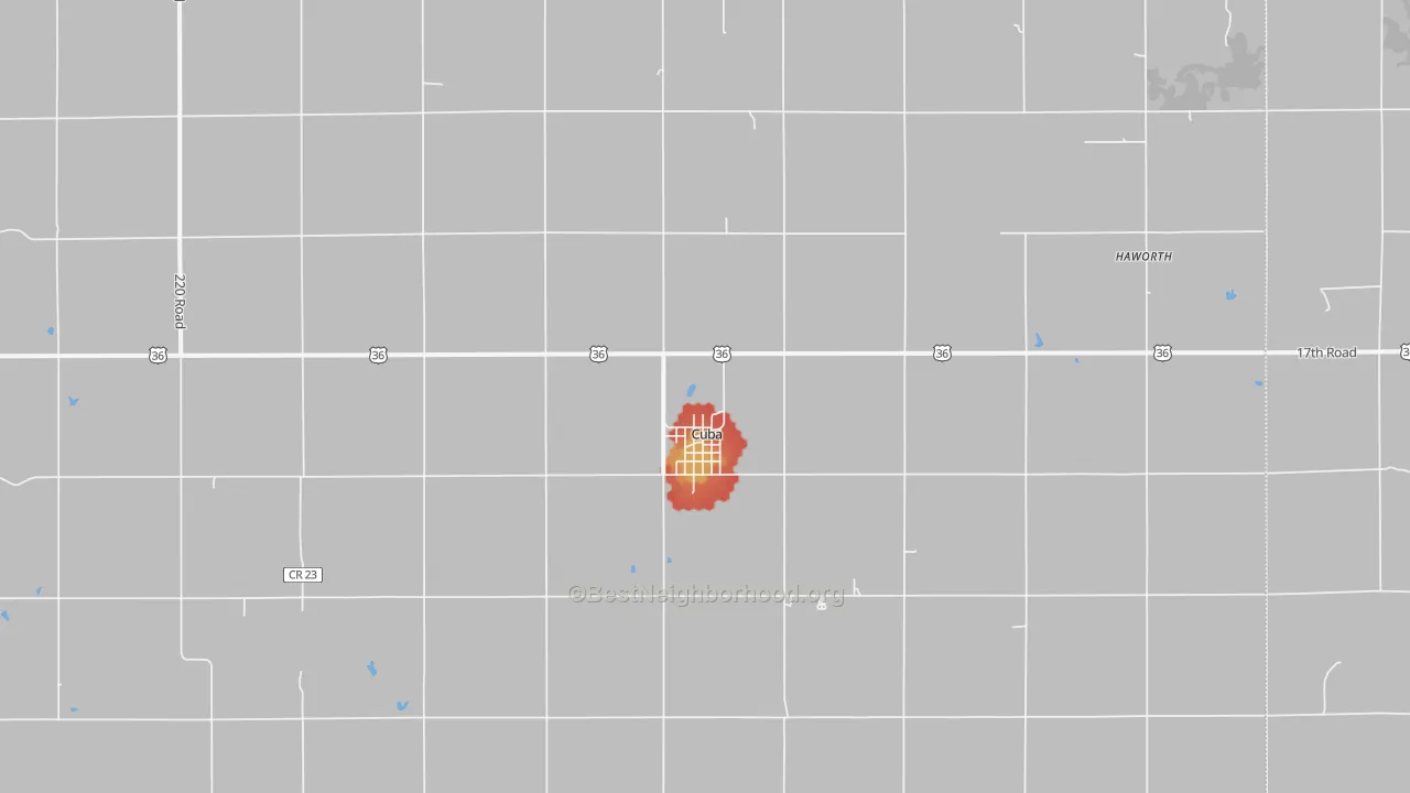 Walk Grade map of Cuba, KS, walkable areas in green and car-dependent areas in red