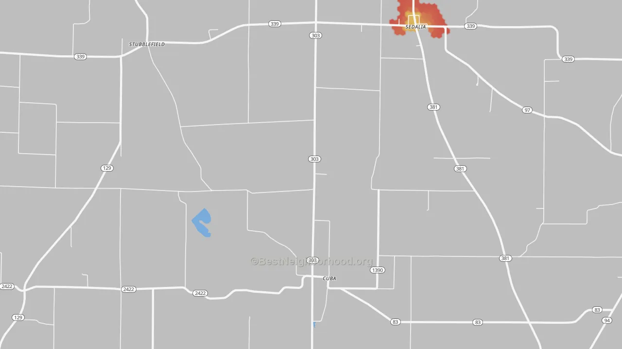 Walk Grade map of Cuba, KY, walkable areas in green and car-dependent areas in red