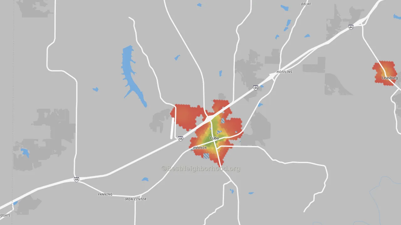 Walk Grade map of Cuba, MO, walkable areas in green and car-dependent areas in red