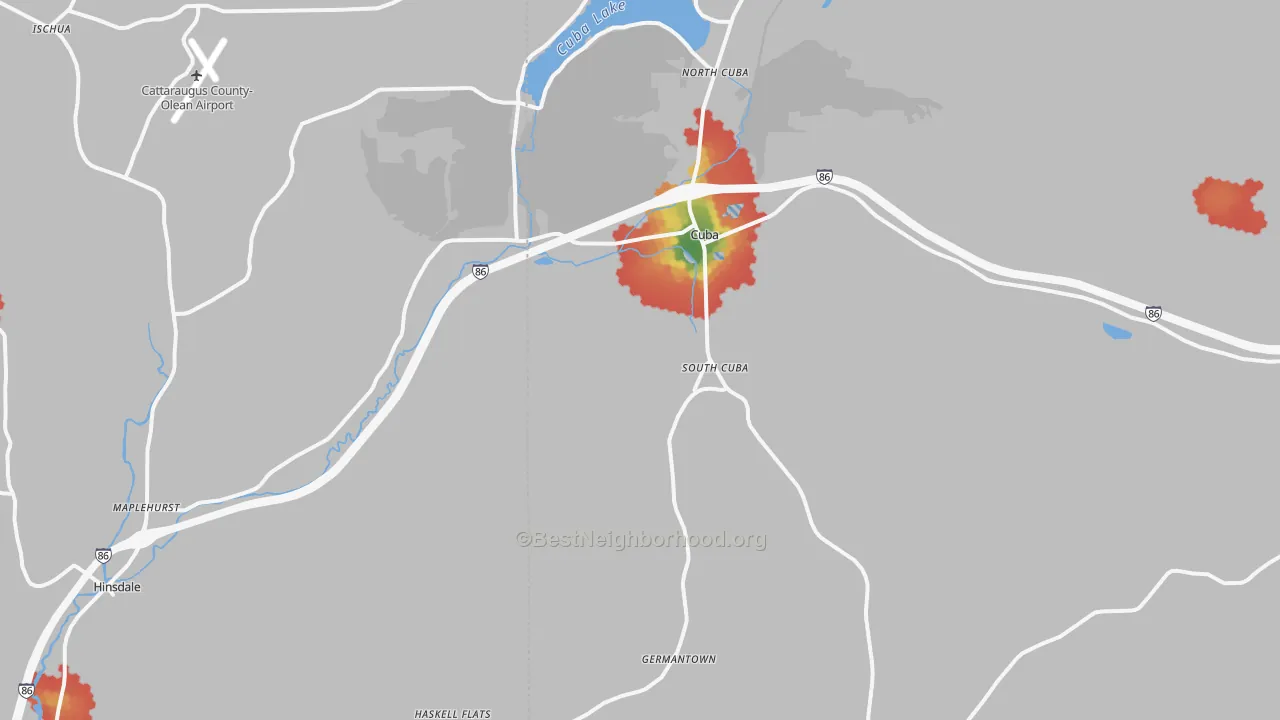 Walk Grade map of Cuba, NY, walkable areas in green and car-dependent areas in red