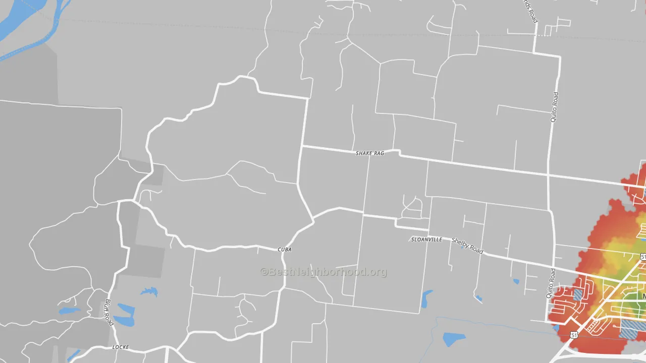 Walk Grade map of Cuba, TN, walkable areas in green and car-dependent areas in red