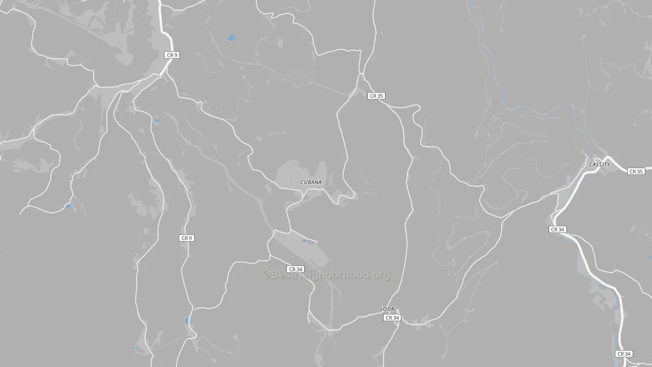 Walk Grade map of Cubana, WV, walkable areas in green and car-dependent areas in red