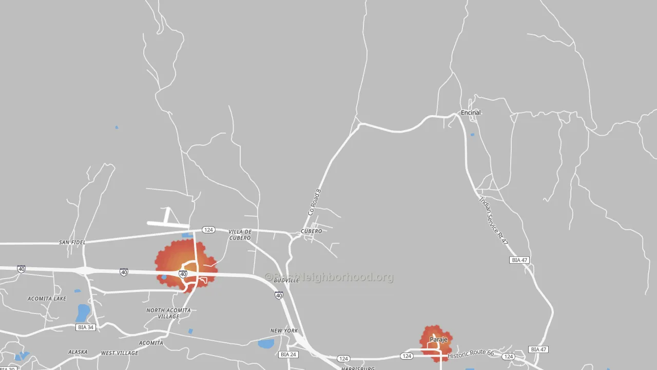 Walk Grade map of Cubero, NM, walkable areas in green and car-dependent areas in red