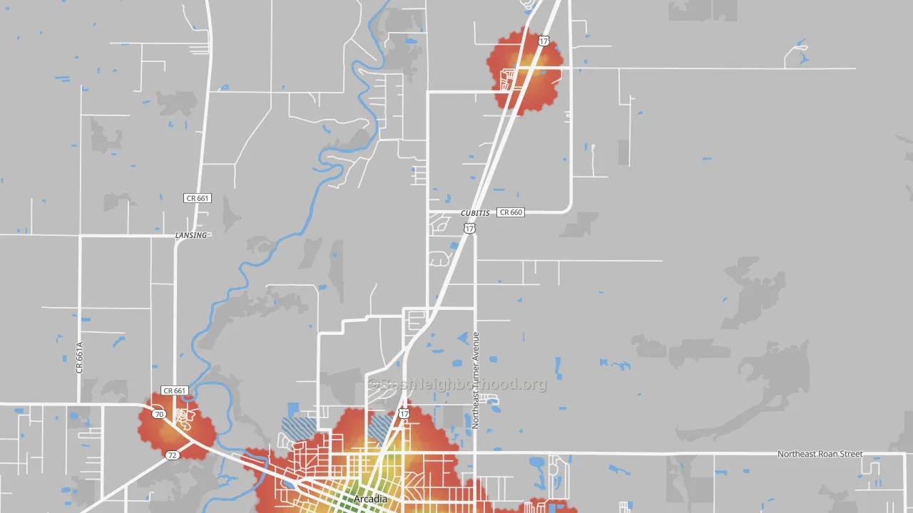 Walk Grade map of Cubitis, FL, walkable areas in green and car-dependent areas in red