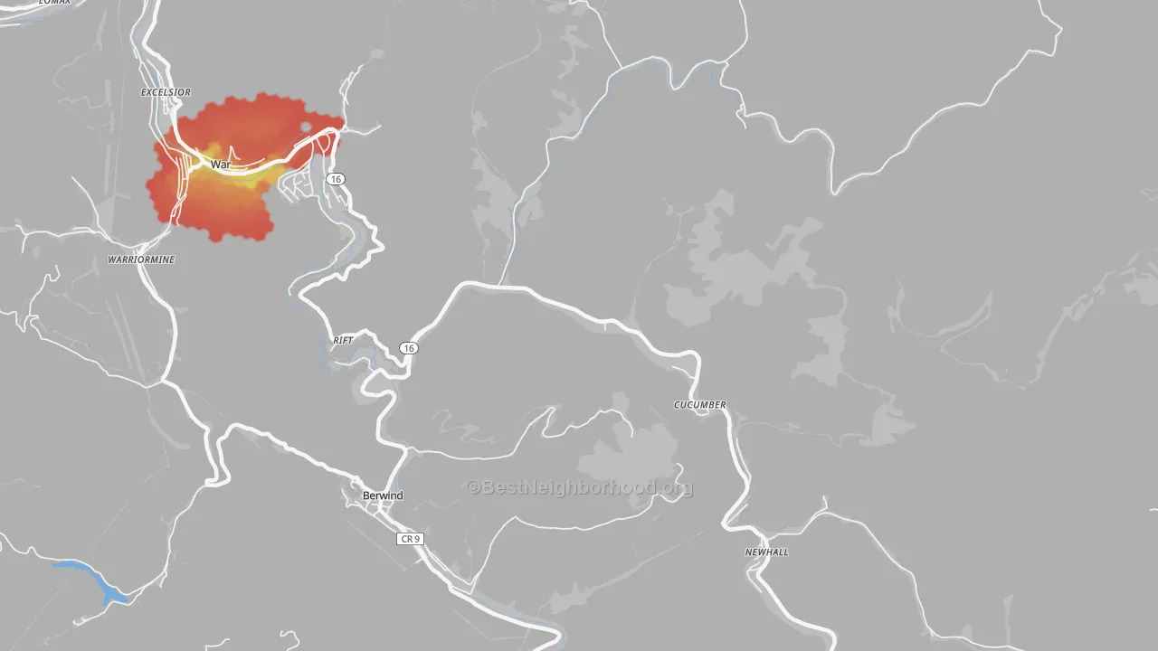Walk Grade map of Cucumber, WV, walkable areas in green and car-dependent areas in red