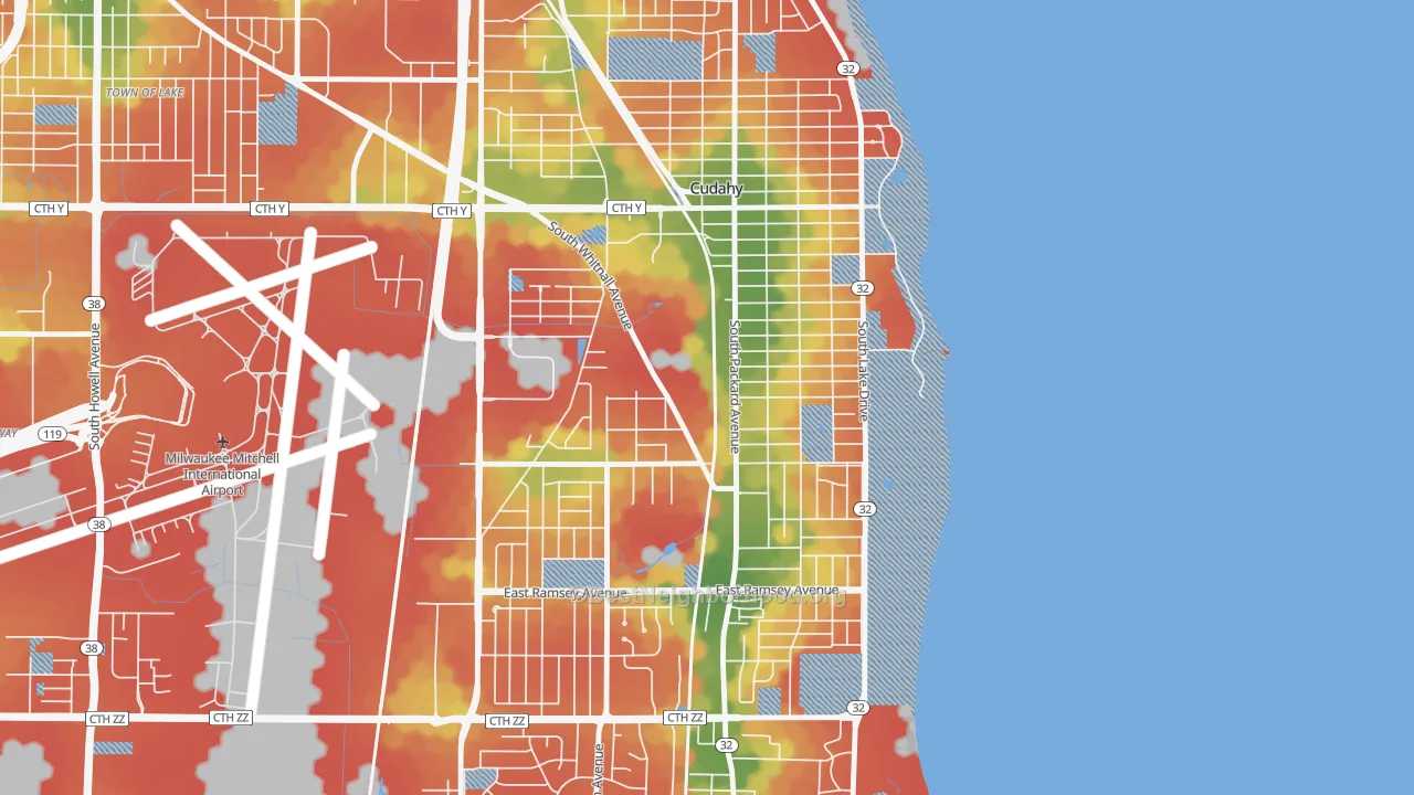 Walk Grade map of Cudahy, WI, walkable areas in green and car-dependent areas in red