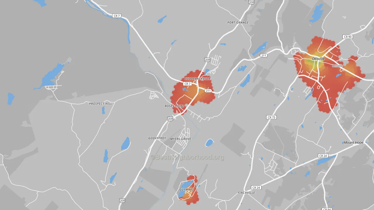 Walk Grade map of Cuddebackville, NY, walkable areas in green and car-dependent areas in red