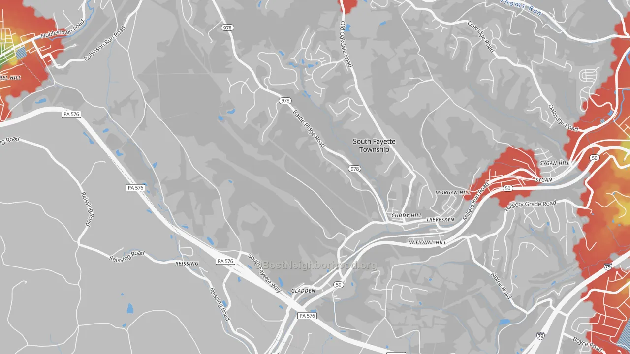 Walk Grade map of Cuddy, PA, walkable areas in green and car-dependent areas in red