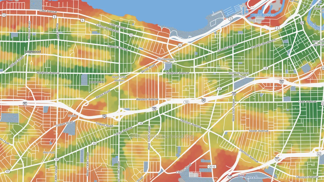 Walk Grade map of Cudell, Cleveland, OH, walkable areas in green and car-dependent areas in red