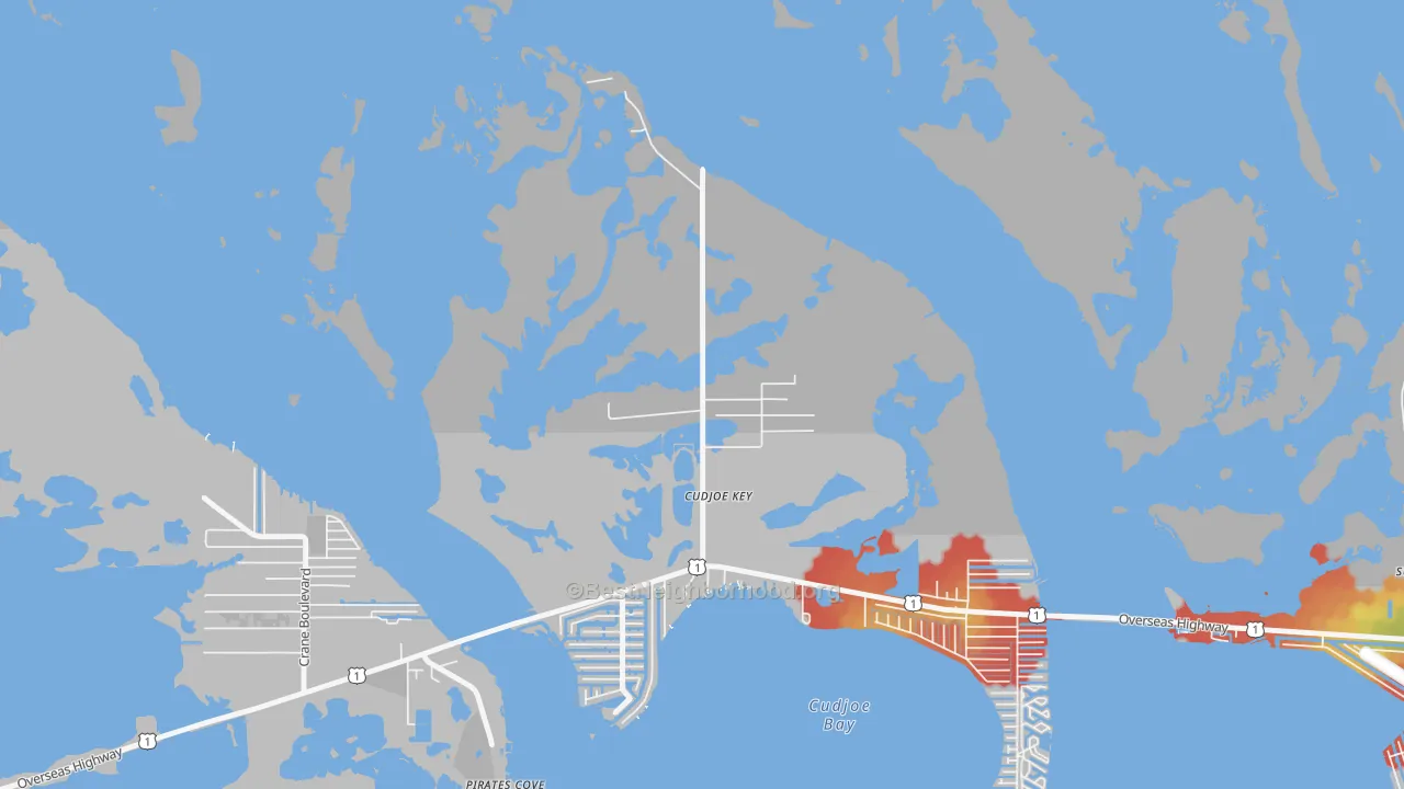 Walk Grade map of Cudjoe Key, FL, walkable areas in green and car-dependent areas in red