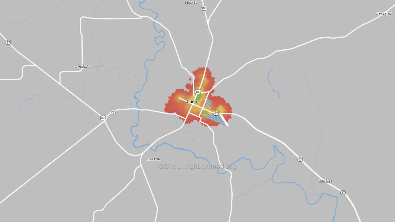 Walk Grade map of Cuero, TX, walkable areas in green and car-dependent areas in red