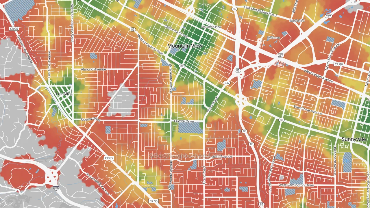 Walk Grade map of Cuesta Park, Mountain View, CA, walkable areas in green and car-dependent areas in red