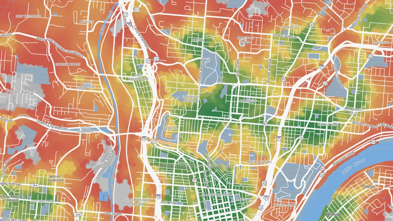 Walk Grade map of Cuf, Cincinnati, OH, walkable areas in green and car-dependent areas in red