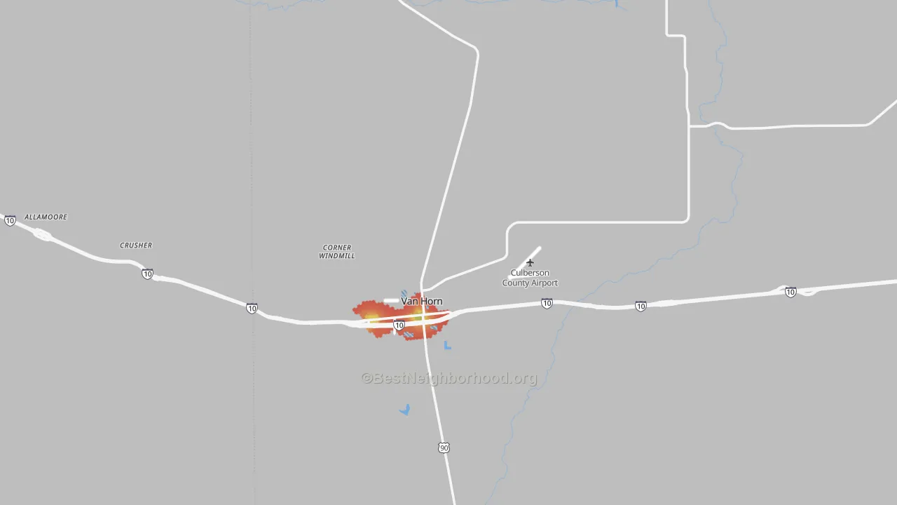 Walk Grade map of Culberson County, TX, walkable areas in green and car-dependent areas in red