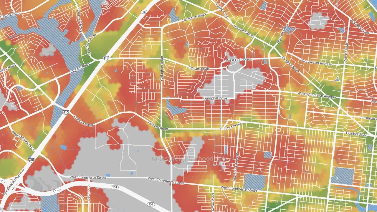 Walk Grade map of Culebra Park, San Antonio, TX, walkable areas in green and car-dependent areas in red