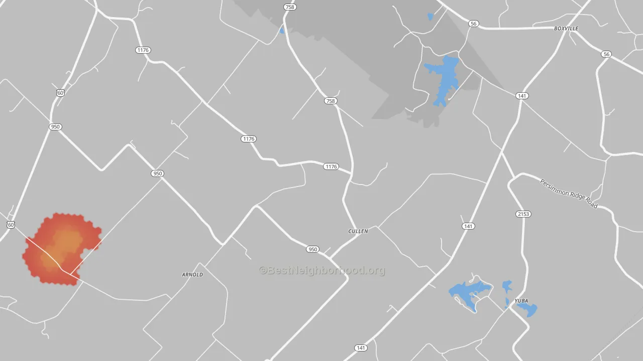 Walk Grade map of Cullen, KY, walkable areas in green and car-dependent areas in red