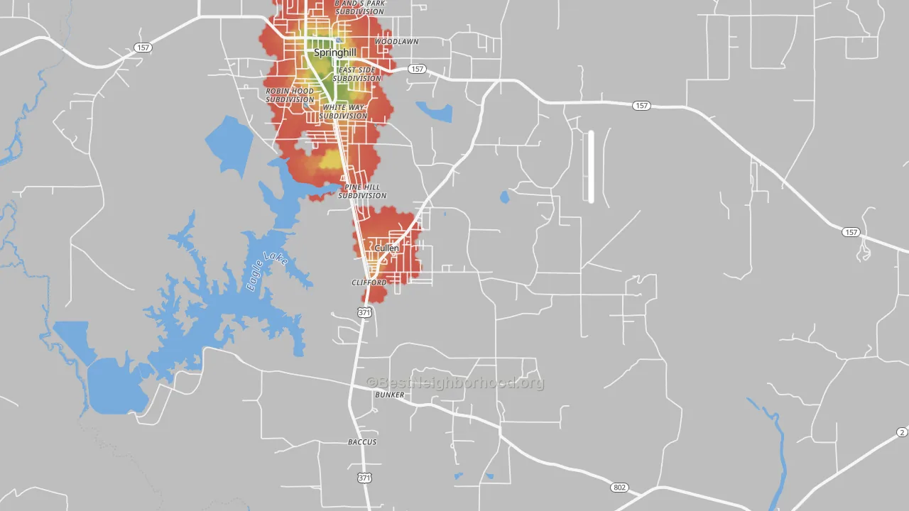 Walk Grade map of Cullen, LA, walkable areas in green and car-dependent areas in red