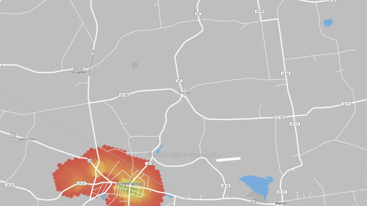 Walk Grade map of Cullen, NY, walkable areas in green and car-dependent areas in red
