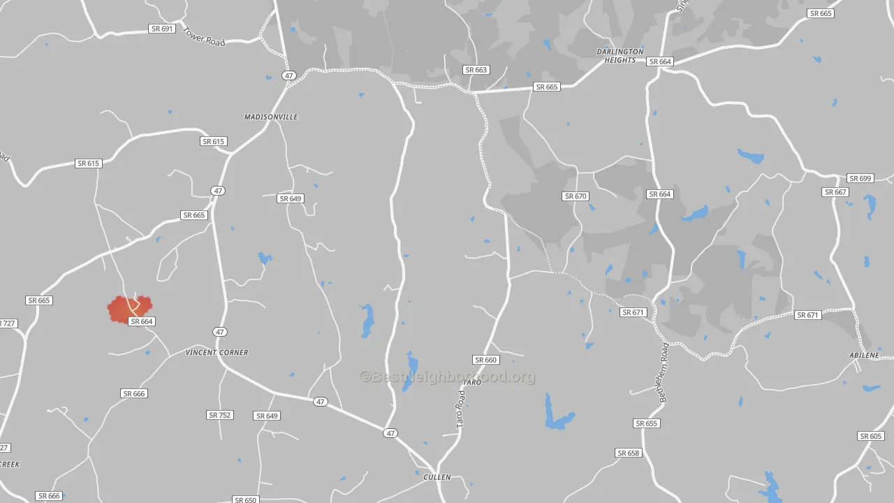 Walk Grade map of Cullen, VA, walkable areas in green and car-dependent areas in red