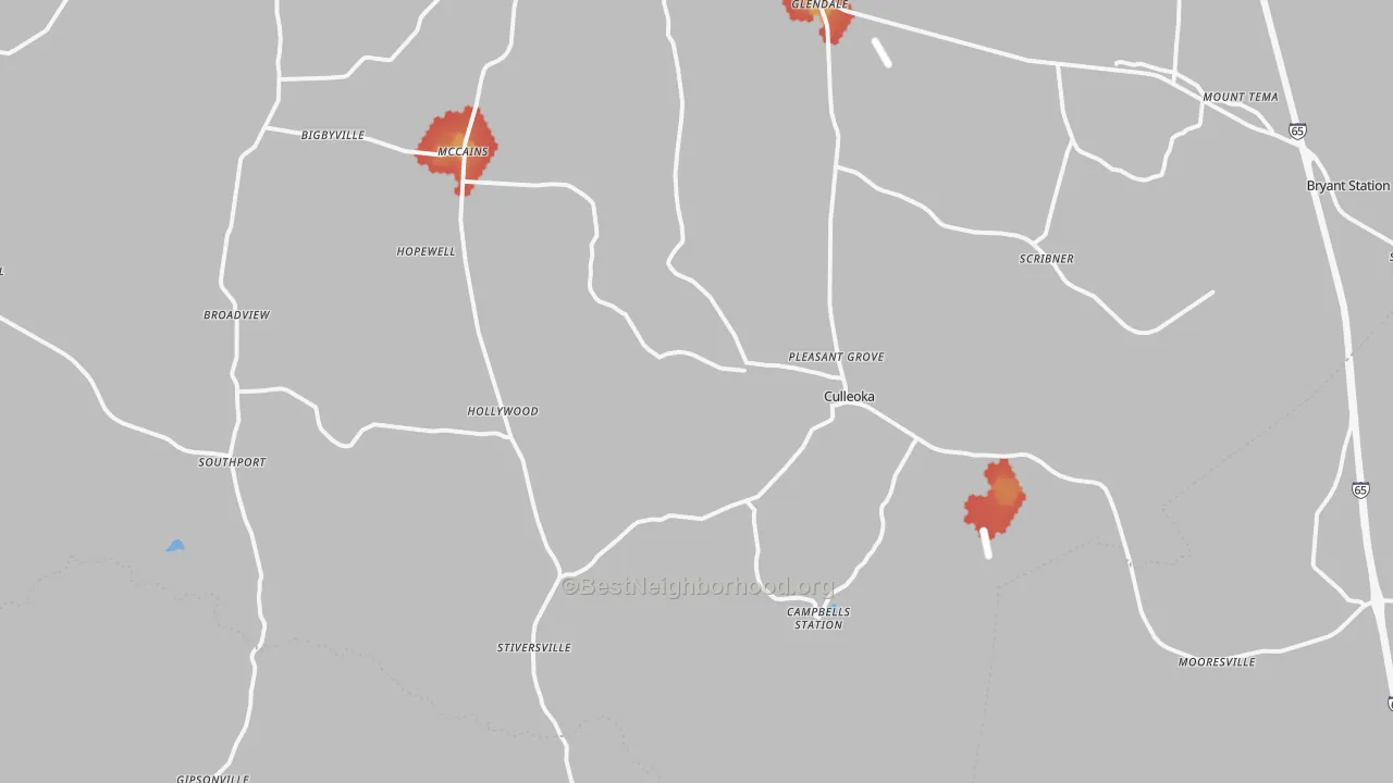 Walk Grade map of Culleoka, TN, walkable areas in green and car-dependent areas in red