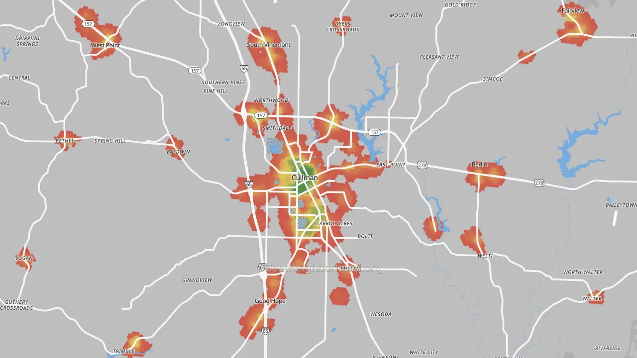 Walk Grade map of Cullman, AL, walkable areas in green and car-dependent areas in red