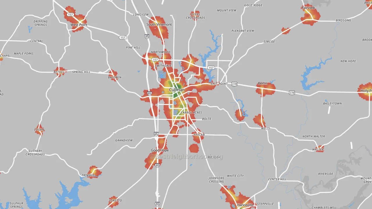 Walk Grade map of Cullman County, AL, walkable areas in green and car-dependent areas in red