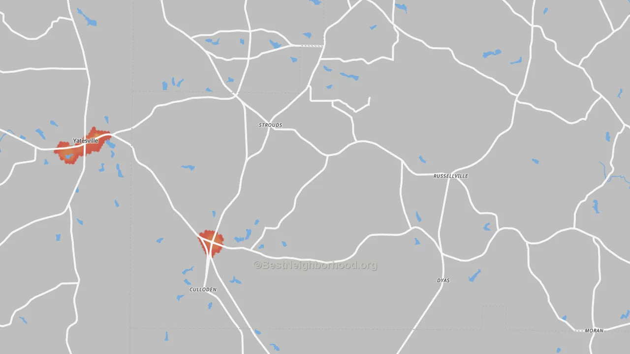 Walk Grade map of Culloden, GA, walkable areas in green and car-dependent areas in red