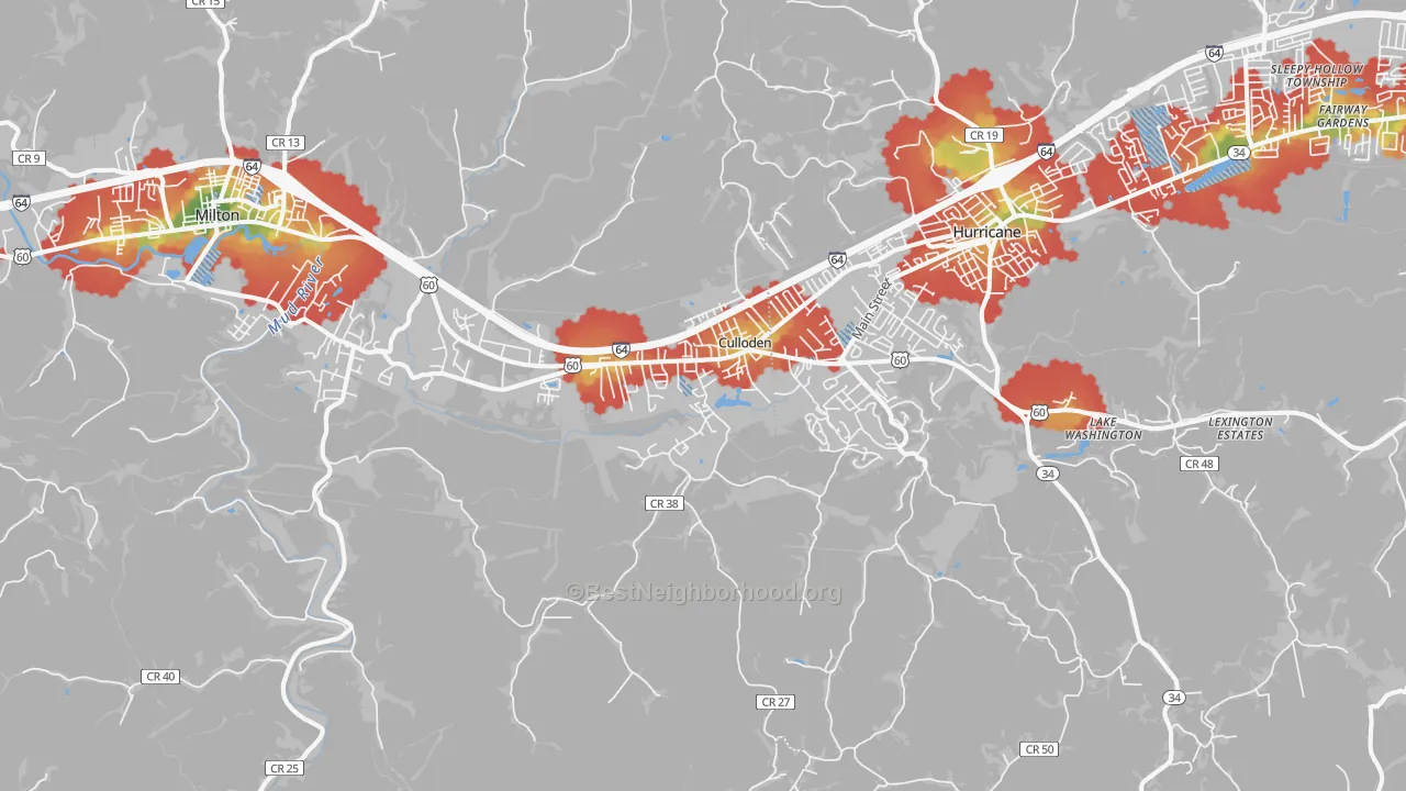 Walk Grade map of Culloden, WV, walkable areas in green and car-dependent areas in red