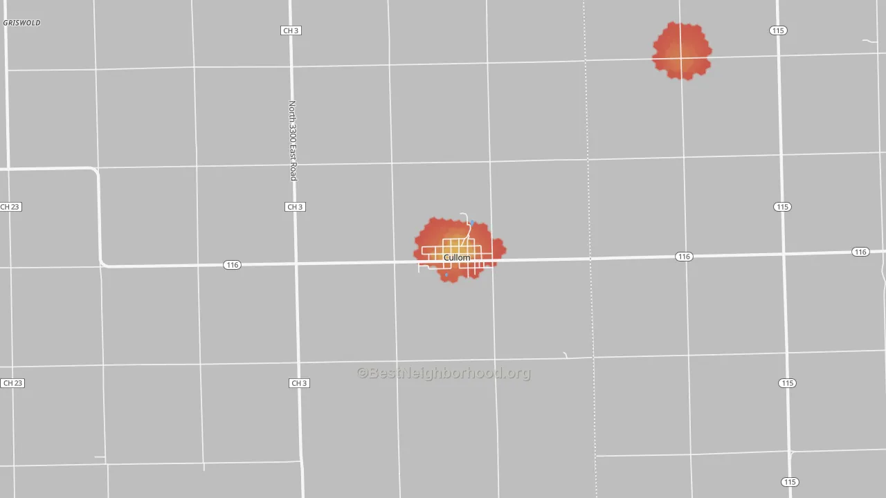 Walk Grade map of Cullom, IL, walkable areas in green and car-dependent areas in red