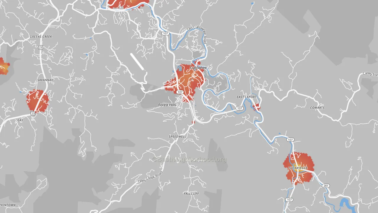 Walk Grade map of Cullowhee, NC, walkable areas in green and car-dependent areas in red