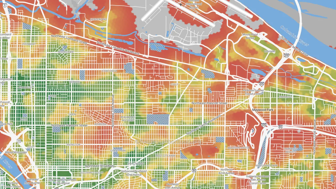 Walk Grade map of Cully, Portland, OR, walkable areas in green and car-dependent areas in red