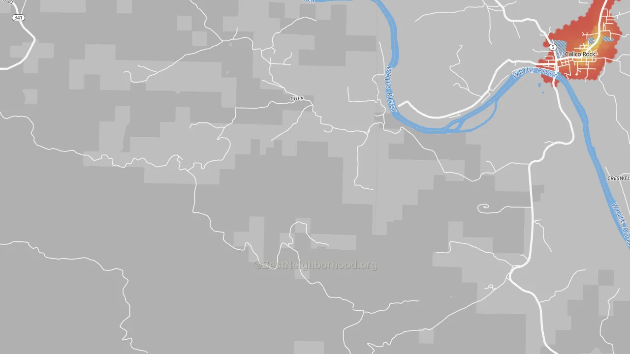 Walk Grade map of Culp, AR, walkable areas in green and car-dependent areas in red