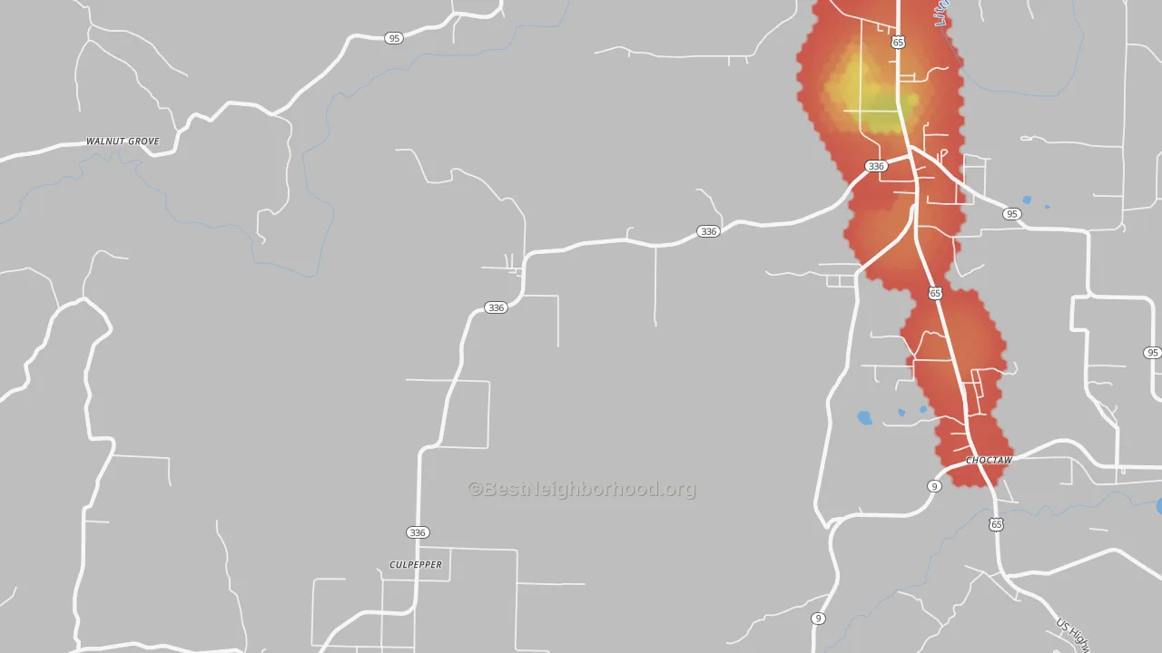 Walk Grade map of Culpeper, AR, walkable areas in green and car-dependent areas in red