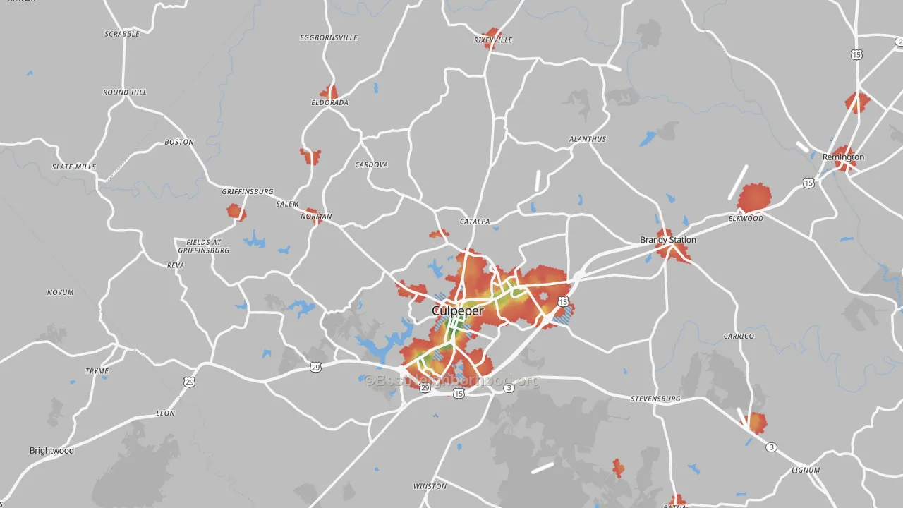 Walk Grade map of Culpeper County, VA, walkable areas in green and car-dependent areas in red