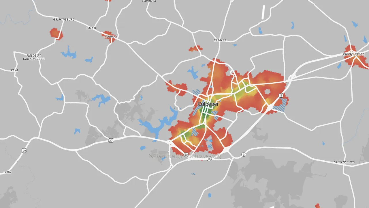 Walk Grade map of Culpeper, VA, walkable areas in green and car-dependent areas in red