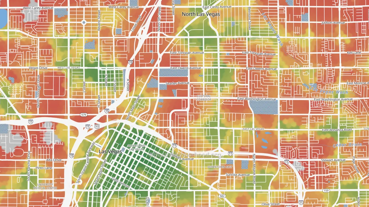Walk Grade map of Cultural Corridor, Las Vegas, NV, walkable areas in green and car-dependent areas in red