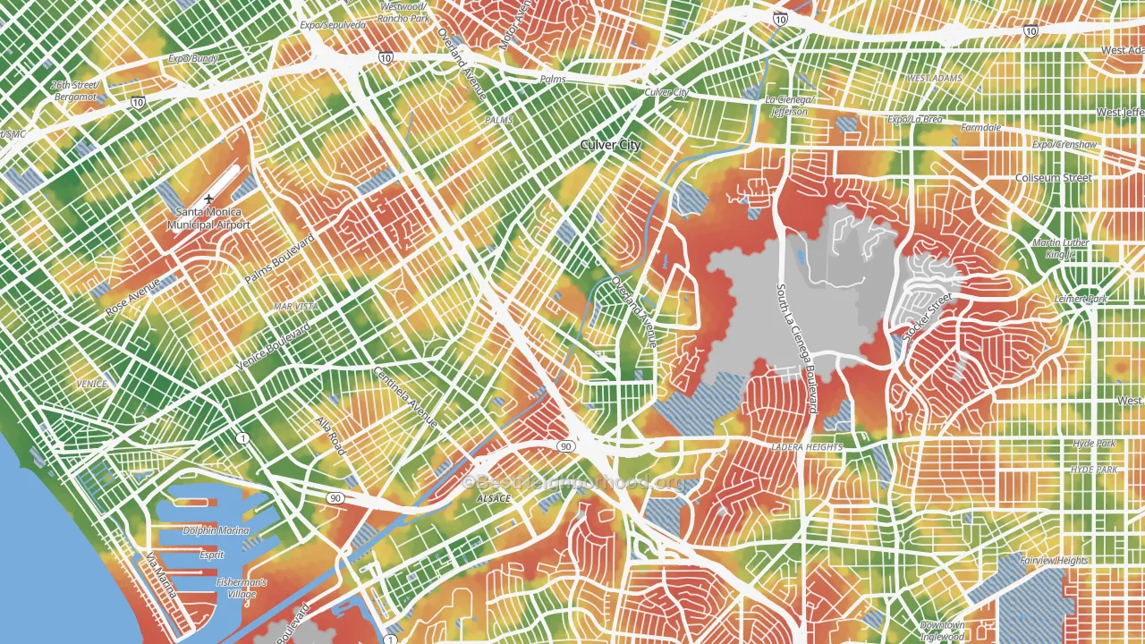 Walk Grade map of Culver City, CA, walkable areas in green and car-dependent areas in red