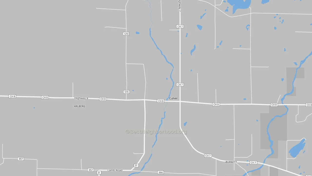 Walk Grade map of Culver, MN, walkable areas in green and car-dependent areas in red