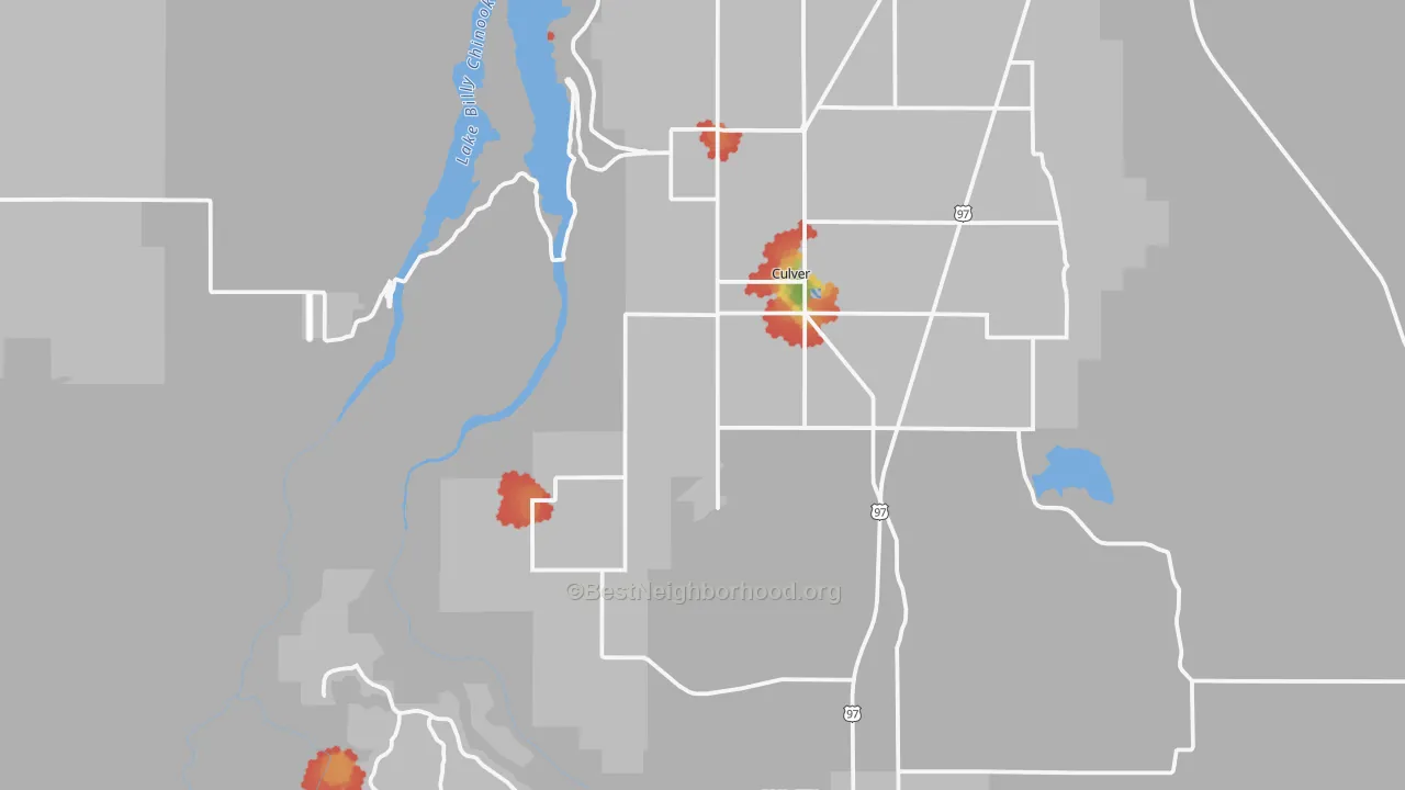 Walk Grade map of Culver, OR, walkable areas in green and car-dependent areas in red