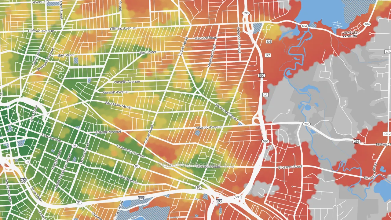 Walk Grade map of Culver-Winton, Rochester, NY, walkable areas in green and car-dependent areas in red