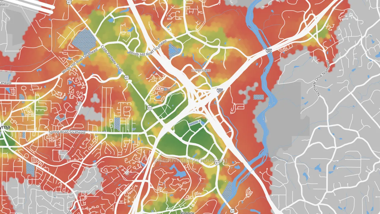 Walk Grade map of Cumberland, Atlanta, GA, walkable areas in green and car-dependent areas in red