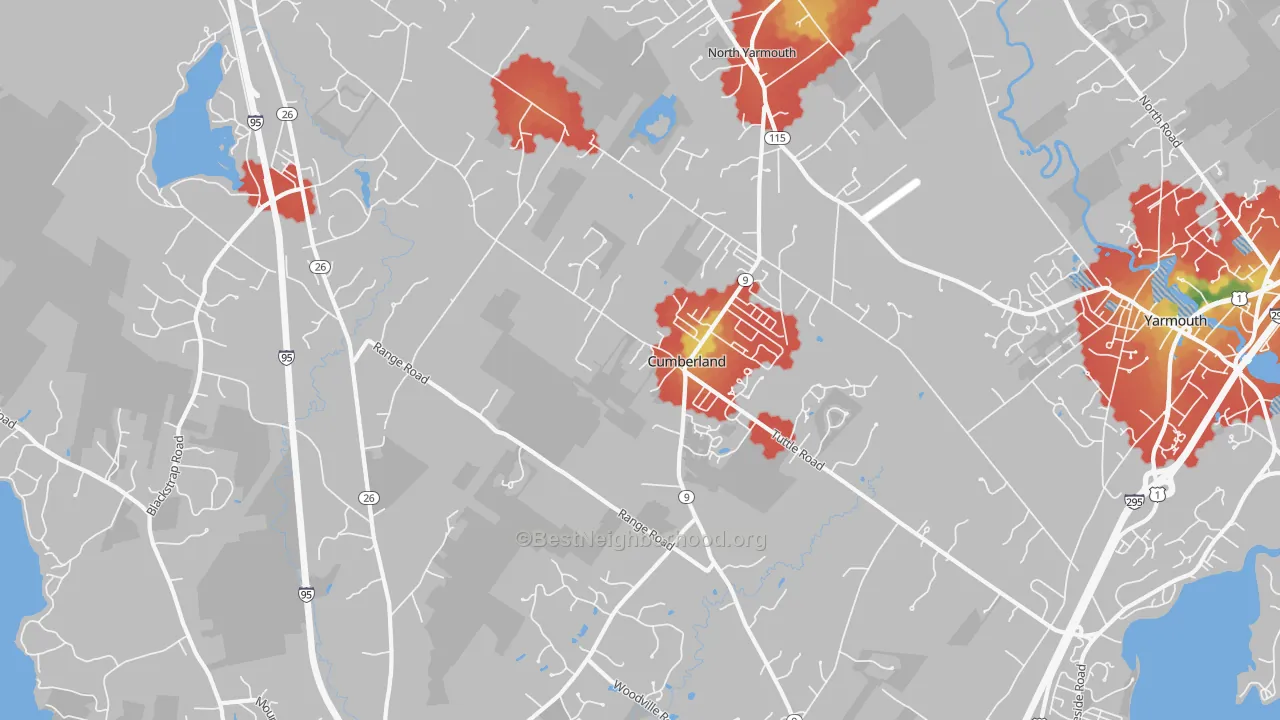 Walk Grade map of Cumberland Center, ME, walkable areas in green and car-dependent areas in red