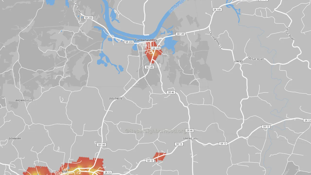 Walk Grade map of Cumberland City, TN, walkable areas in green and car-dependent areas in red