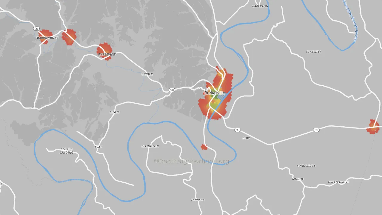 Walk Grade map of Cumberland County, KY, walkable areas in green and car-dependent areas in red