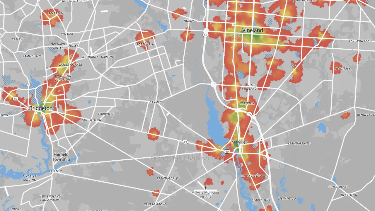 Walk Grade map of Cumberland County, NJ, walkable areas in green and car-dependent areas in red